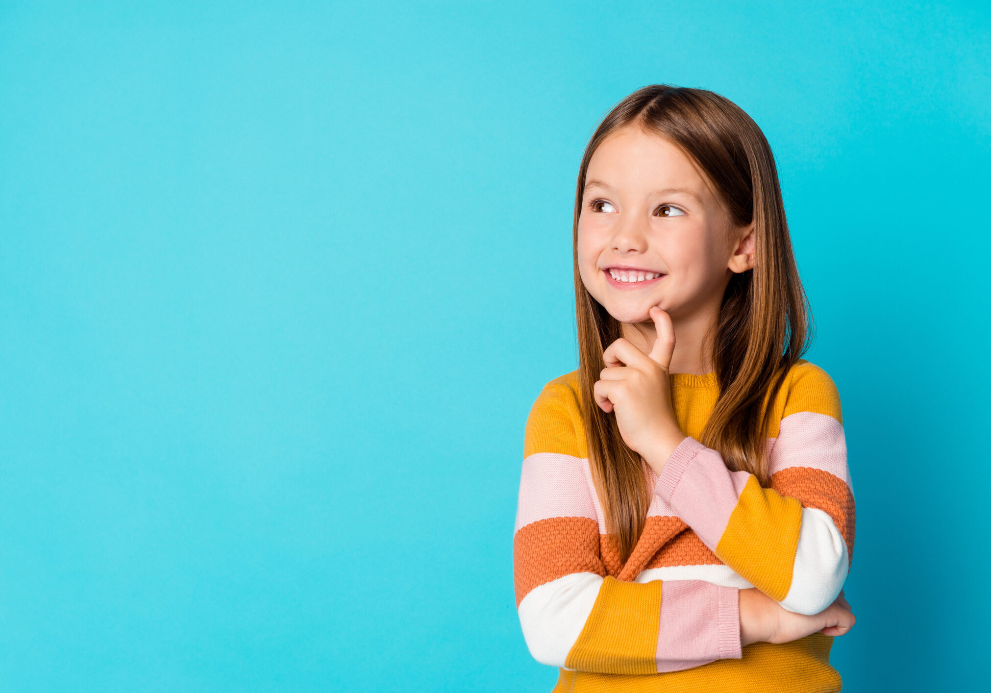 Close-up portrait of her she nice-looking attractive creative cheerful glad long-haired girl learning, creating solution strategy copy space isolated bright vivid shine vibrant blue color background
